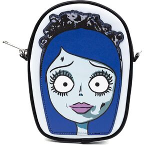 Buckle-Down Horror Movies Vegan Leather Crossbody Bag, Emily the Corpse Bride Face Applique Pale Blue