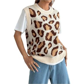 Verdusa Women's Leopard Print Oversized Sweater Vest Crew Neck Sleeveless Knitted Pullover Tops