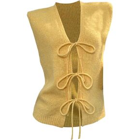 Women's Y2K Bow Tie Front Sweater Vest V Neck Sleeveless Vest Knitted Tank Top Cardigan