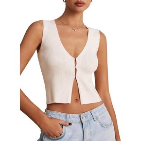 SHENHE Women's Sleeveless Knitted V Neck Sweater Tank Split Hem Cropped Vest Cardigan