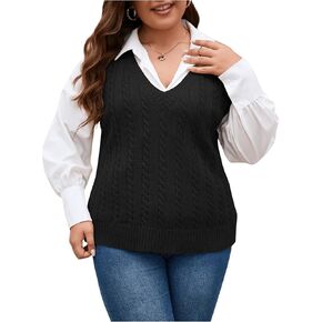 OYOANGLE Women's Plus Size Pullover Ribbed Solid Color Cable Knit Vest Top Sleeveless Stretch Sweater Vest