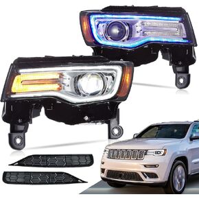 VLAND Projector Headlights Compatible with Jeep Grand Cherokee WK2 2014-2021 4th Gen All Models, Front Lamp Assembly w/Dynamic Animation Running Light Bar w/Switchback Sold as a PAIR, Regular Housing