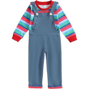 Toddler Kids Baby Boy Girl Halloween Chucky Doll Costume Long Sleeve Striped Tops Suspender Pants Cosplay Outfit Set
