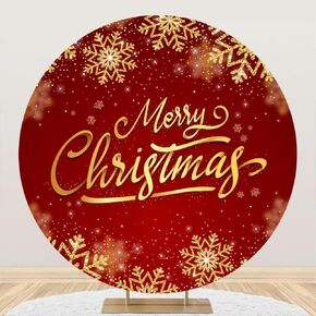 Merry Christmas Round Backdrop Cover Gold Snowflake Red Round Backdrop Cover (No Stand) Bokeh Spots Xmas Party Supplies Decorations 7.2ft (220cm) Circle Backdrop Banner Photo Studio Props