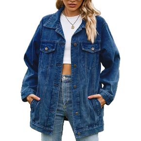 hathne Jean Jacket Women Oversized Casual Distressed Denim Jacket Button Down Long Sleeve Shirt Coat with Pockets(Navyblue,Large)