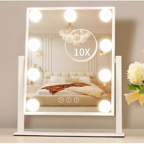 Vanity Mirror with Lights, Hollywood Vanity Makeup Mirror with 9 Dimmable LED Bulbs, 3 Color Lighting Modes, Detachable 10X Magnification, 360°Rotation,White