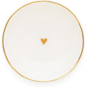 Sugar Paper Trinket Tray, Bordered Heart, 3.75" x 4", White Ceramic Dish With Gold Painted Accents, Ring Dish