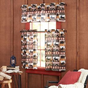 Estate View™ Moose Lodge Light Filtering Rod Pocket Straight 3-Piece Tier Valance and Curtains Set, 54"x36", Green/Black