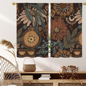 MitoVilla Black Boho Kitchen Curtains 39 inch Length, Bohemia Short Curtains for Small Window Cafe Store Kitchen Bathroom, Country Rod Pocket Drapes, 2 Panels, 26x39