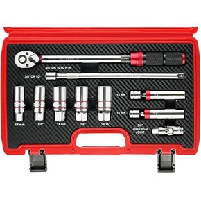 WETT 10Pcs 3/8" Drive Spark Plug Socket Set with 72 Tooth Click Torque Wrench (5-45 lb.ft Ratchet), Magnetic Swivel Mirror Polished Sockets, Universal Joint and Extension Bar, Spark Plug Removal Tool