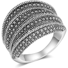 Statement Rings for Women with Black Zircons, Wavy Design, Vintage Wide Band Ring