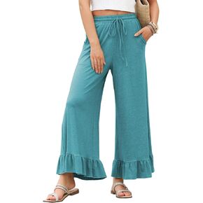 EVALESS Womens Wide Leg Pants Drawstring Elastic High Waisted Ruffle Hem Palazzo Pants with Pockets