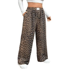 Women's Letter Leopard Print Straight Leg Pants Elastic Waist Y2K Trousers Bottoms with Pockets