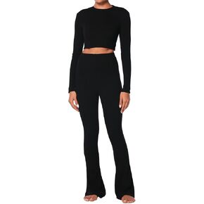 Sunzel Women's 2 Piece Lounge Set Knit Long Sleeve Cropped Top with High Waisted Mini Flare Pants Matching Sets Casual Outfit
