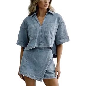 ELFTOWN Women's Denim Outfits Sets 2 Piece V Neck Short Sleeve Tunic Top Pullover High Waisted Jean Skorts Skirts Set