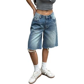 Floerns Women's Baggy Denim Bermuda Y2k Vintage Straight Leg Denim Shorts Raw Hem Knee Length Casual Jean Shorts