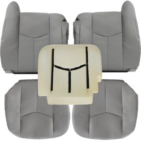 Front Driver and Passenger Bottom and Top Lean Back Leather Seat Covers Tan #522 & Driver Foam Cushion Fit for Chevy Avalanche Silverado GMC Sierra 1500 2500 3500 HD 2003 2004 2005 2006