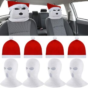 8 Pcs Car Christmas Decorations Santa Hats for Car Seats Funny Headrest Covers for Cars Seat Full Face Mask Headrest Protector Interior Accessories Christmas Decor for Most Car Headrests