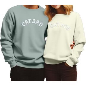 LOTUCY Cat Mom Cat Dad Sweatshirt Bristles Embroideried Cat Lover Pullover Shirt Cat Couple Matching Long Sleeve Tops