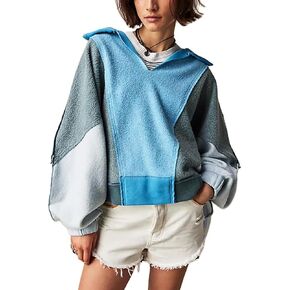 Yuemengxuan Women Fleece Sweatshirts Long Sleeve Colorblock Cropped Oversized Sweatshirt Y2k V-Neck Pullover Tops