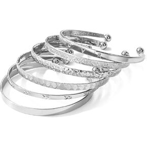 17IF Silver Bangle Bracelet Pack For Women 14k Plated Stack Cuff Bracelets Set Trendy Boho Textured Indian Punk Chunky Cable Smooth Bangles Elegance Minimalist Jewelry Gift