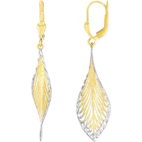 Textured 14K Yellow Gold Two-Tone Curved Spiral Leaf Dangle Earrings