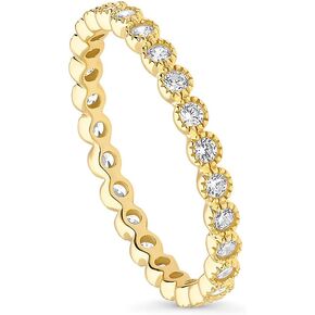 BERRICLE Sterling Silver Bubble Wedding Rings Milgrain Bezel Set Round Cut Cubic Zirconia CZ Milgrain Eternity Ring for Women, Yellow Gold Flashed Size 4-10