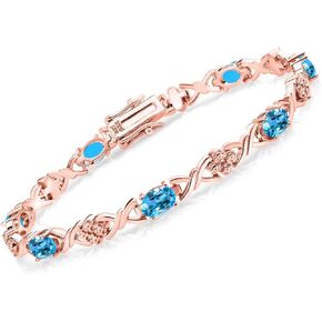 Gem Stone King 18K Rose Gold Plated Silver Swiss Blue Topaz Tennis Bracelet For Women (3.85 Cttw, Gemstone November Birthstone, Oval 6X4MM, 7 Inch)