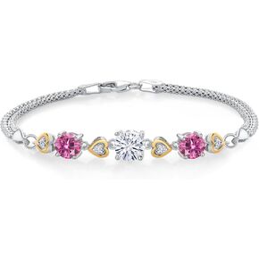 925 Sterling Silver and 10k Yellow Gold Customized and Personalized Round 7MM and 6MM Gemstone Birthstone and White Lab Grown Diamond Bracelet For Women with 6.5, 7, and 7.5 Inch Length, Made In Italy