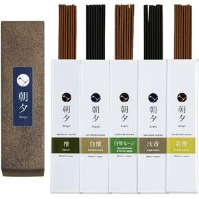 Asayu Japan Natural Incense Sticks Sampler Assortment, Set of 5 (Sandalwood, Agarwood, Cypress, White Sage, Frankincense), No Bamboo Core, Made in Japan Wood Incense Variety Pack for Morning & Evening
