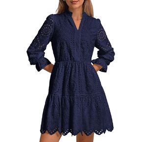 PRETTYGARDEN Women's Long Puff Sleeve Mini Dress Hollow Out Lace V Neck A Line Ruffle Casual Holiday Party Dresses