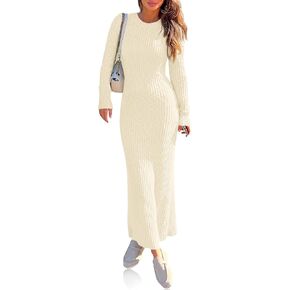 Wenrine Womens Sweater Maxi Dress Long Sleeve Knit Ribbed Crew Neck Slim Fit Casaul Fall Long Dresses