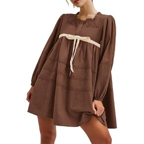 SAFRISIOR Women Babydoll Dress Flowy Long Puff Sleeve Cute Mini Dresses Square Neck Embroidered Bow Tie A-line Dress