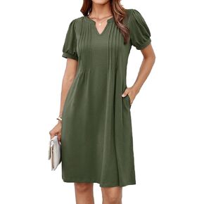 GRACE KARIN Women's 2025 V Neck Puff Short Sleeve T Shirt Dress Pleated Casual Loose Tunic Mini Dress