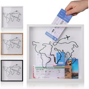 Travel Adventure Archive Shadow Box For Memories,8&12In Concert Travel Ticket Stub Memory Top Loading Shadow Keepsake Box With Slot On Top,life In a Shadow Box Travel Gift Frame (White, 12x12)