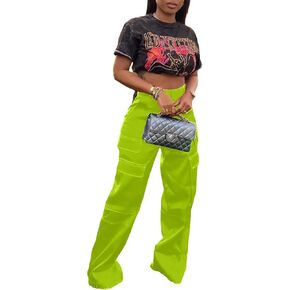 XZLUFNY Satin Cargo Pants for Women High Waist Multiple Pockets Wide Leg Trouser