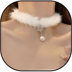 Snowflake Choker Necklace for Women White Fluffy Snowflake Pearl Necklace Black Snowflake Christmas Necklaces Pearl Pendant Necklace Winter Christmas Jewelry