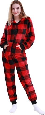 MAGICMK Women's & Men's Christmas Pajamas Hoodie Fleece Onesie Suit Full Zipper Jumpsuits with Pockets in Kuwait