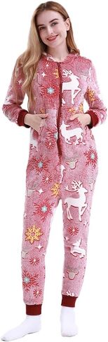 MAGICMK Women's & Men's Christmas Pajamas Hoodie Fleece Onesie Suit Full Zipper Jumpsuits with Pockets in Kuwait