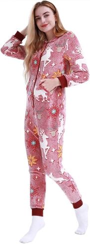 MAGICMK Women's & Men's Christmas Pajamas Hoodie Fleece Onesie Suit Full Zipper Jumpsuits with Pockets in Kuwait