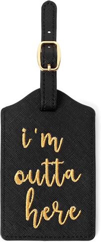 علامة الأمتعة الجلدية المطرزة I'm Outta Here، ملحقات السفر، بطاقة حقيبة مع خياطة ذهبية، مثالية للمغامرين والمسافرين الدائمين (ذهبي أسود) in Kuwait