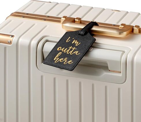 علامة الأمتعة الجلدية المطرزة I'm Outta Here، ملحقات السفر، بطاقة حقيبة مع خياطة ذهبية، مثالية للمغامرين والمسافرين الدائمين (ذهبي أسود) in Kuwait