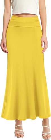 Hybrid & Company Women's Stretch Lightweight Flowy Maxi Skirt – Casual Fold Over Waist, Made in USA in Saudi Arabia