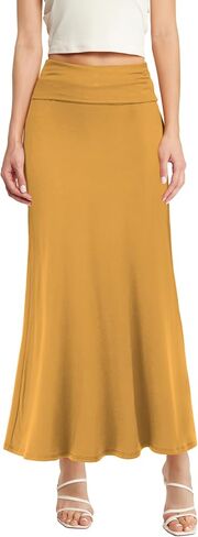 Hybrid & Company Women's Stretch Lightweight Flowy Maxi Skirt – Casual Fold Over Waist, Made in USA in Saudi Arabia