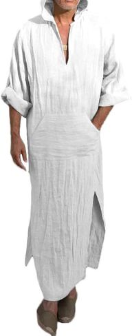 YAOHUOLE Men's Long Sleeve Kaftan Side Split Long Gown Thobe Hooded Men Caftan in Kuwait