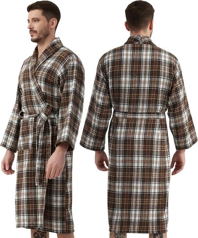 Mens Robe -Soft Microfiber Flannel Bathrobe for Unisex，Scottish Plaid Robe with Shawl Collar Lightweight Robe for Men in Kuwait