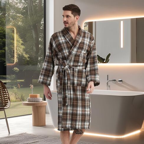 Mens Robe -Soft Microfiber Flannel Bathrobe for Unisex，Scottish Plaid Robe with Shawl Collar Lightweight Robe for Men in Kuwait