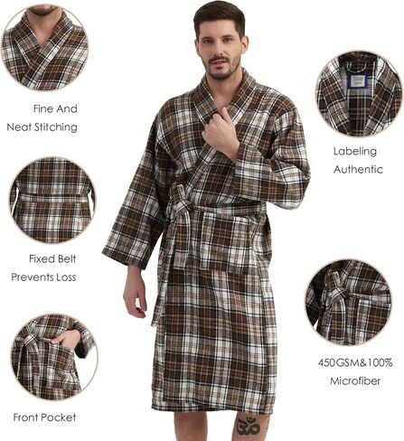 Mens Robe -Soft Microfiber Flannel Bathrobe for Unisex，Scottish Plaid Robe with Shawl Collar Lightweight Robe for Men in Kuwait