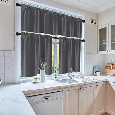 مجموعة ستائر المطبخ الرمادي والستائر القصيرة بطول 91.44 سم، ستائر رمادية قصيرة الطبقة لستارة نافذة المطبخ فوق الحوض، ديكور مطبخ المزرعة in Kuwait