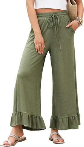 EVALESS Womens Wide Leg Pants Drawstring Elastic High Waisted Ruffle Hem Palazzo Pants with Pockets in Kuwait
